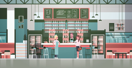 Bar Stuff Bartender, Waiter And Administrator Standing At Counter Over Bottles Of Alcohol And Glasses On Background Flat Vector Illustraton