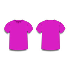 Purple male t-shirt template v-neck front and back side views.