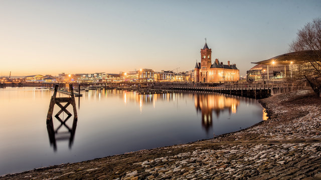 Cardiff Bay Sunset, South Wales UK With A Clear Sky On A Cold Winter Evening.