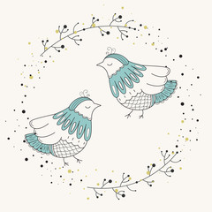 Sweet bird. Vector illustration of Scandinavian style on a white background. Flower frame. Children's print..