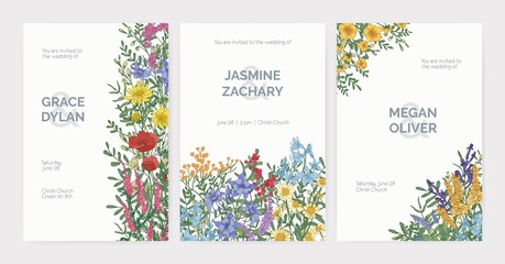Fototapeta na wymiar Collection of wedding party celebration invitation templates with blooming wild meadow flowers, flowering herbs and place for text on white background. Elegant realistic botanical vector illustration.