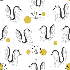 Vector seamless pattern in Scandinavian style. Cute skunk in the woods