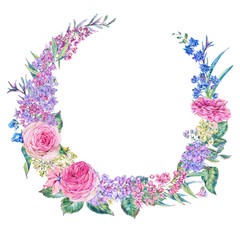 Watercolor pink roses and lilacs wreath