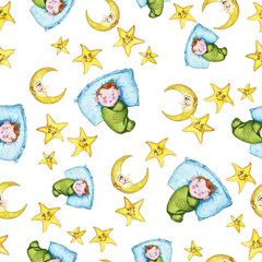 Watercolor seamless pattern on a children's theme and a good night with a little baby, around yellow stars, month smiling, the moon, with soft plush toys, a hare and a bear, for sweet dreams on a whit