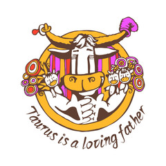 Taurus Loving Father with children and flowers humorous illustration vector with the inscription in the circle