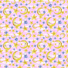 Watercolor seamless pattern on the theme of a children's illustration of a good night, with the moon, month and stars, sleeping stars, with soft toys in the night sky on a pink background