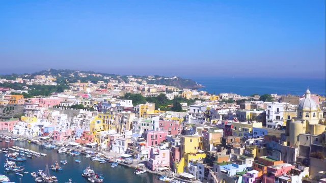 Procida island with colorful houses, harbour aerial view, Italy