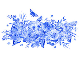 Fototapeta premium Watercolor blue roses and lilacs greeting card