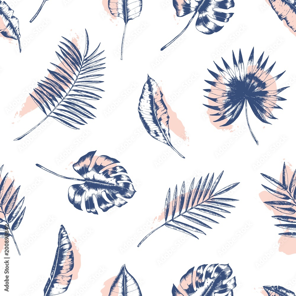 Poster tropical seamless pattern with palm tree, monstera and banana leaves drawn with contour lines agains