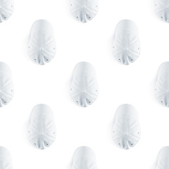 Blank white baseball cap seamless pattern mock up top view. Empty headdress visors ornamet mockup. Clear snap back patern template. Sport hat accessory model. Head wearing dress presentation