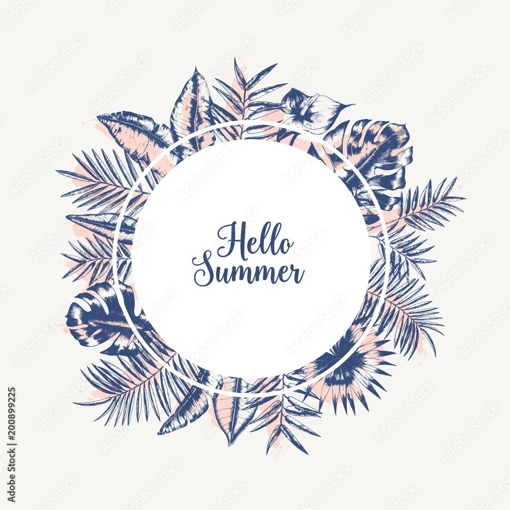 Poster round garland or frame made of palm tree leaves or foliage of tropical plants hand drawn with contou