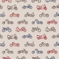 Seamless pattern with motorcycles of different models drawn with colorful contour lines on light background - chopper, bobber, sport and motocross bikes © Good Studio
