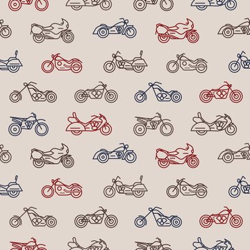 Seamless pattern with motorcycles of different models drawn with colorful contour lines on light background - chopper, bobber, sport and motocross bikes