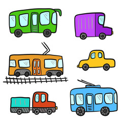 Cute cartoon colorful doodle city transport for kids coloring books. Bright childish color sketchy linear public city transport, car, truck for children educational or fun app or book