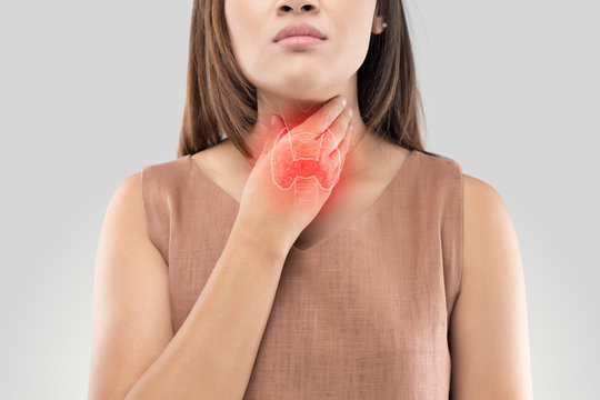 Sore throat woman on gray background
