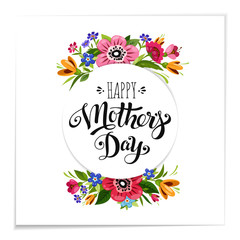 Fototapeta na wymiar Realistic Happy Mother's Day greeting card with flowers. Elegant hand drawn lettering Happy Mother's Day.