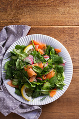 Healthy food: salmon spinach radish cucumber salad. View from above, top