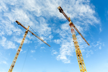 Fototapeta na wymiar Two high tower cranes work on the construction of new homes