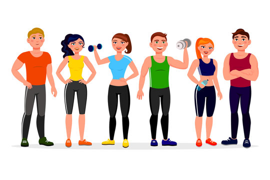 Fitness people vector illustration in flat design. Athletes in workout gym cartoon characters isolated on white background. Group of people dressed in sports clothes with dumbbells.