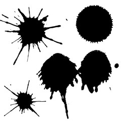 Black ink paint spots. Drops texture isolated on white background. Set for grunge splash textures. Vector illustration.