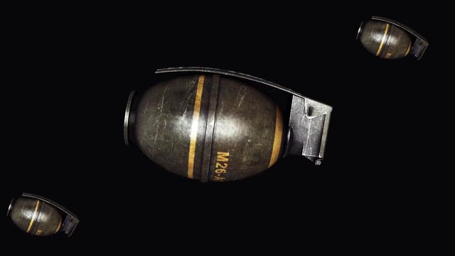 Hand grenade. Animation of Hand grenade on black background. Rotating Hand grenade isolated on black background