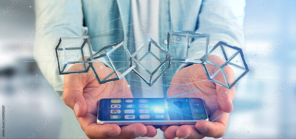Poster man holding a 3d rendering blockchain cube isolated on a background