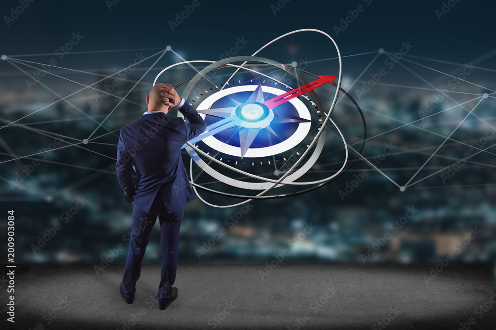 Poster businessman in front of a wall with compass navigation - 3d render