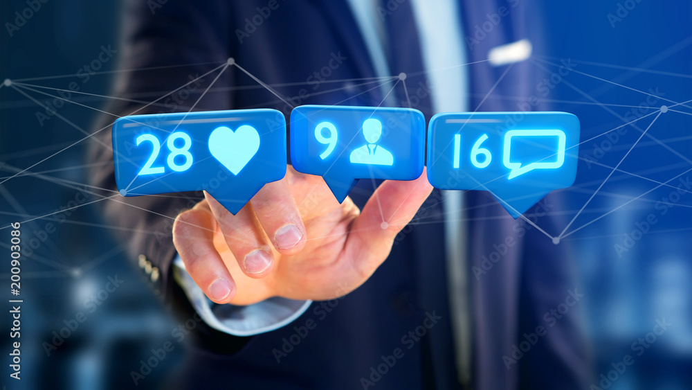 Poster businessman holding a like, follower and message notification on social network - 3d render