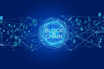 Blockchain title with 0 and 1 data flying over