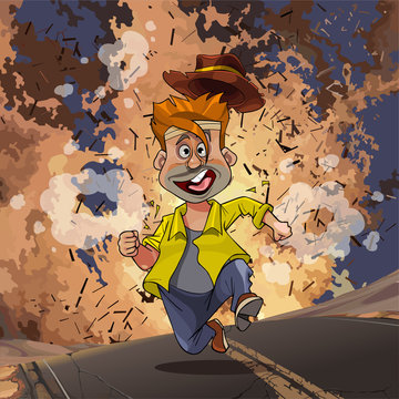 cartoon man running away from an explosion on the highway