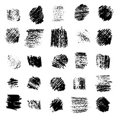 Set of black grunge hand drawn scratched square textures. Collection of isolated dark handdrawn shapes for graphic design, sketchy decorating elements