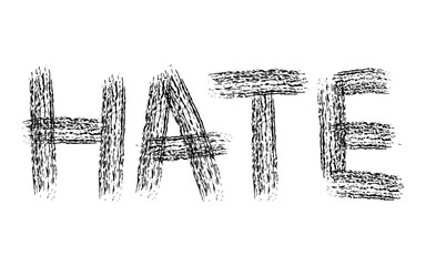 Dirty grunge charcoal brush hand drawn word HATE. Black isolated handwritten phrase of hating, simple vector symbol