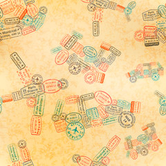 immigration stamps arranged in car, plane, ship and train shape on old paper, seamless pattern