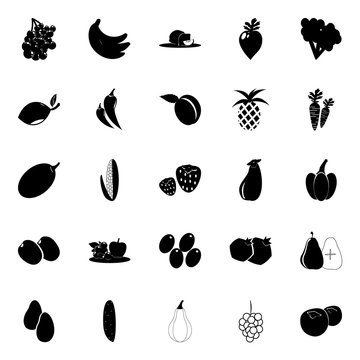 icon Fruits And Vegetables with pomegranate, berry, plum tree, cocuber and strawberr