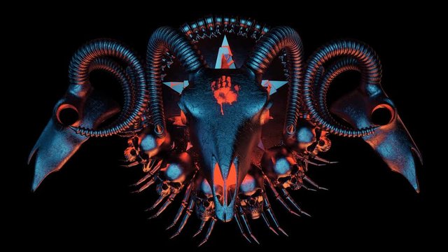 Devil Sign With Goat Skull - is a cool scary animation of devil sign made from metal and bones. It perfect to use on VJ thematic sets, metal and gothic festivals, halloween parties or your performance