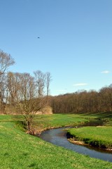 beautiful spring landscape with river, grass and blooming trees, Germany, Leipzig