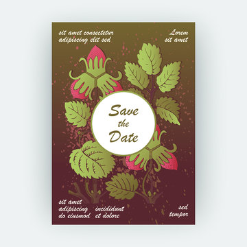 Strawberry pattern design templates product. Hand drawn red berry. Cute trendy dark background blossom greenery bush. Graphic illustration wedding, invitation, poster, card, cover, product vector