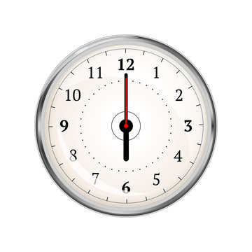 Realistic clock face showing 06-00 on white