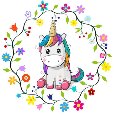 Cartoon Unicorn in a flowers frame