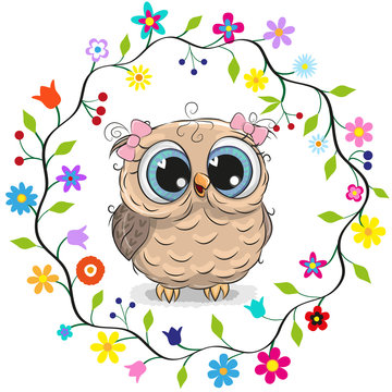 Owl girl in a flowers frame