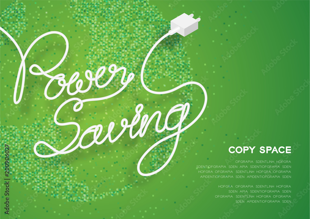 Poster power saving text made from plug cable white color, environment concept design illustration isolated