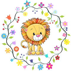 Obraz premium Cute Lion in a flowers frame