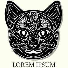 Ornamental black cat head. Black silhouette with ornamental drawing. Tribal cat head tile.