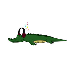 Animals of zoo. Crocodile listening to music in cartoon style. Isolated cute character. Vector illustration