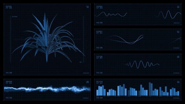 Monochromatic multi-panel visual display: plant scan, graphs, readouts, indicators. Reversible seamless loop. 
