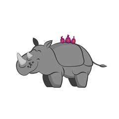 Animals of zoo. Rhinoceros with birds on the back in cartoon style. Isolated cute character. Vector illustration