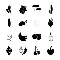 icon Fruits And Vegetables with vintage vine, foodstuff, berry, lemon and red pepper