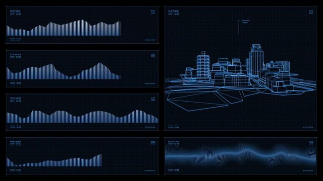 Monochromatic multi-panel visual display: city wireframe, graphs, readouts, indicators. Reversible seamless loop. 
