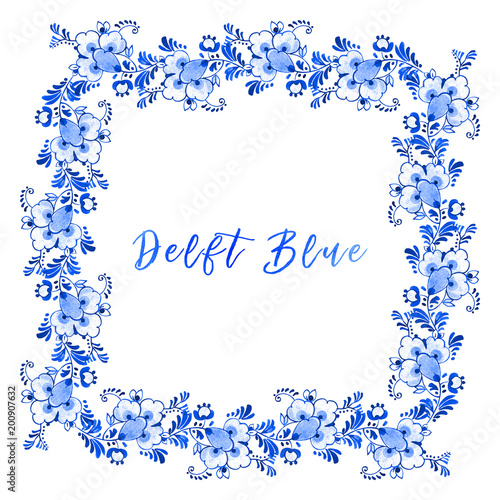 "Floral square watercolour border, Delft blue style. Frame with a room