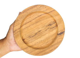 hand holding Empty wooden plate on white background.
